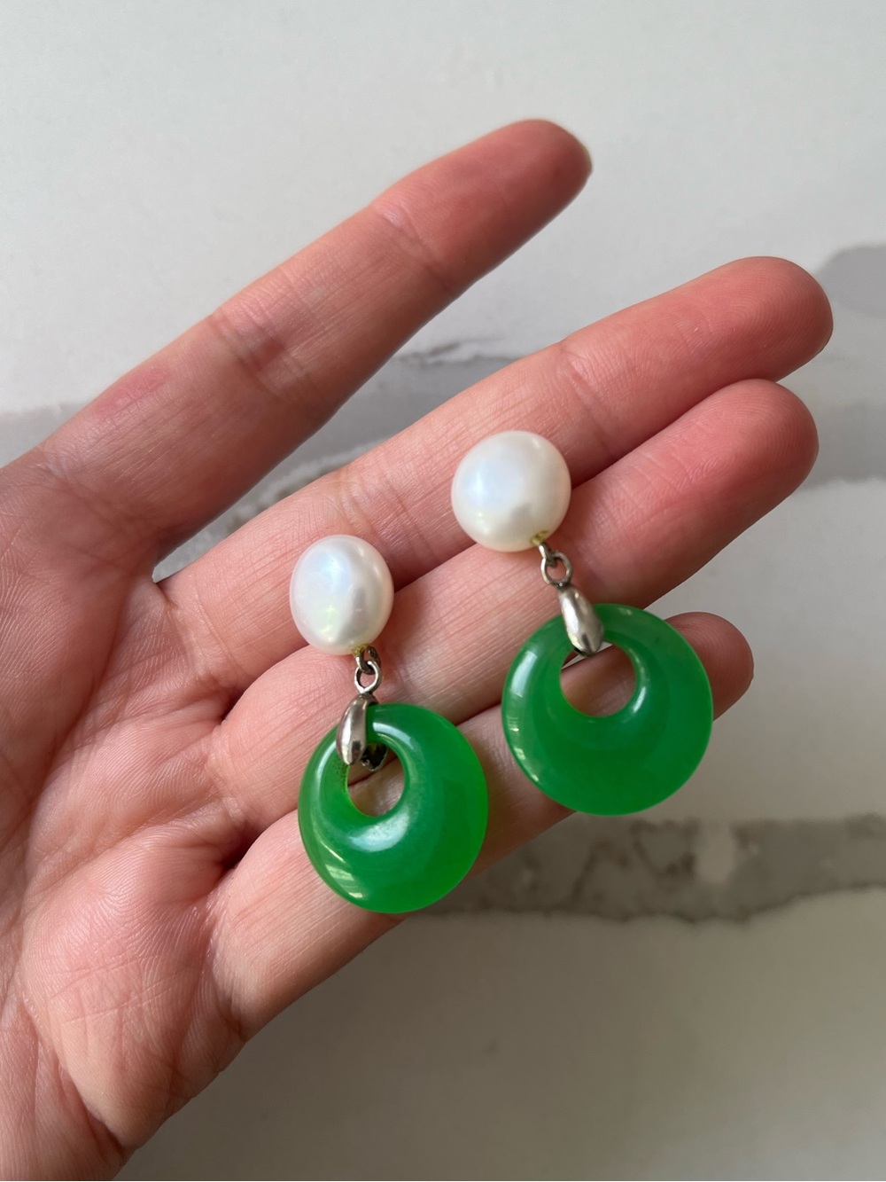Genuine Pearl and Green Jade Drop Earrings